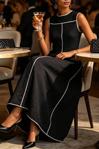 Women's Casual Contrast White Stitch Sleeveless Round Neck Linen Maxi Dress With Pockets