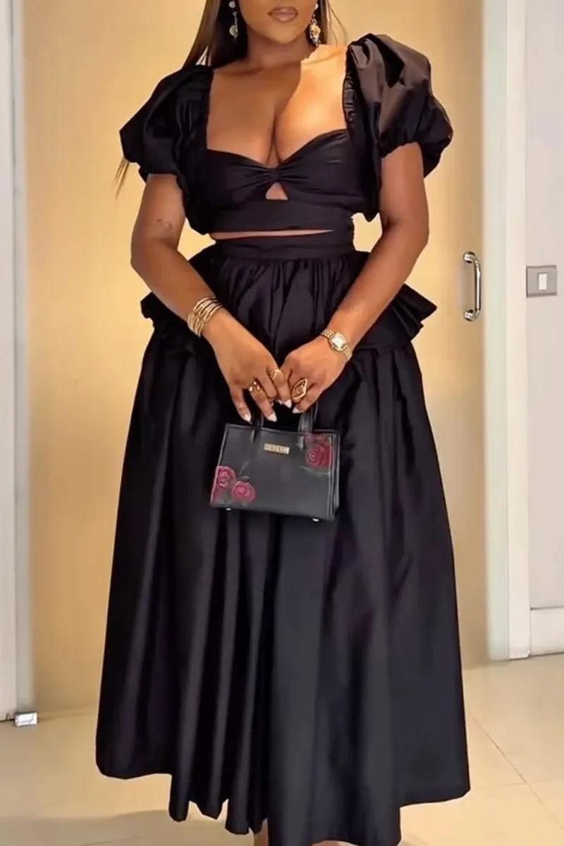Women's lack Satin Puff Sleeve Keyhole Crop Top Or High Waist Tiered Ruffle Balloon Maxi Skirt