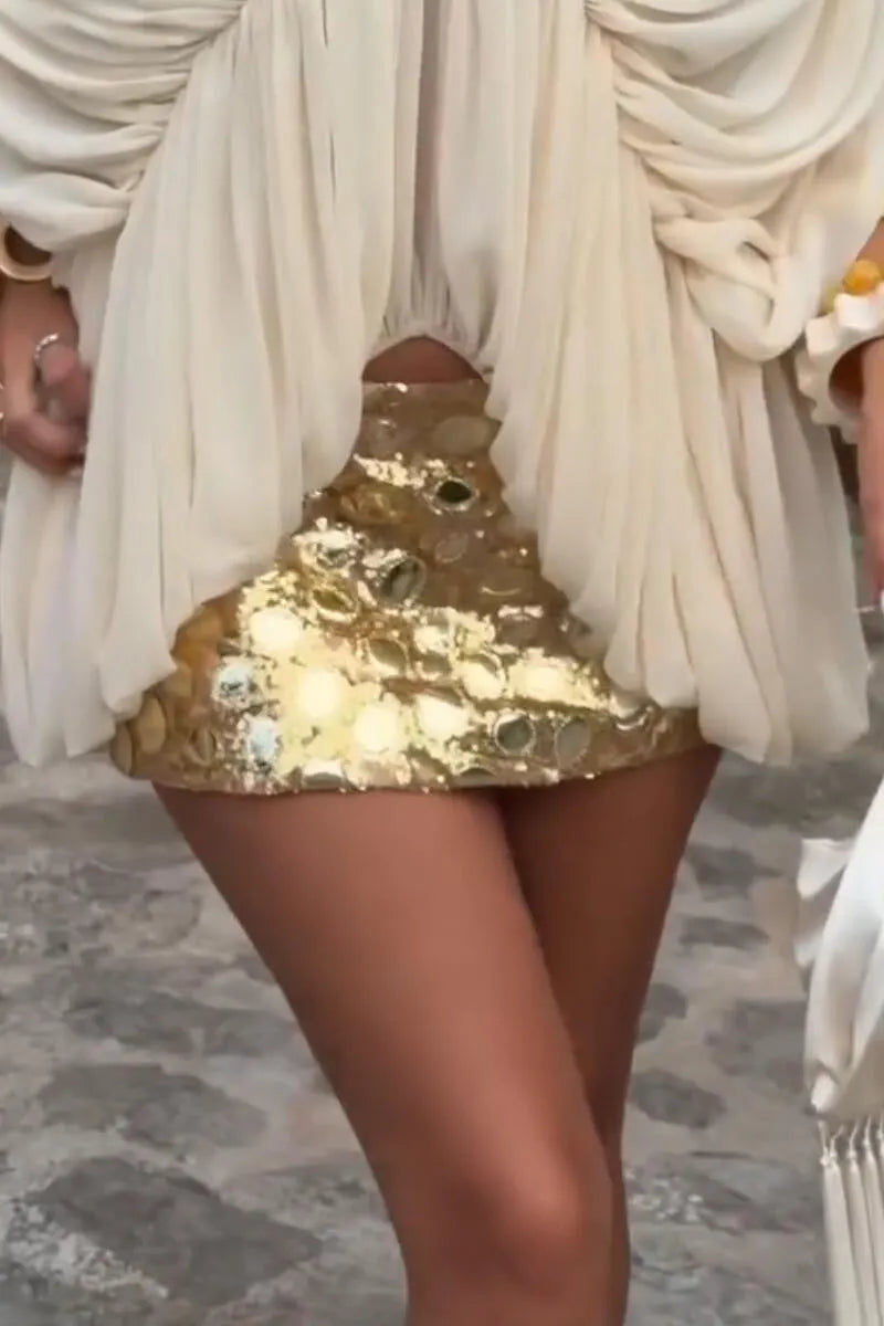 Women V-neck Elegant Temperament Irregular Top or Shiny Half Skirt