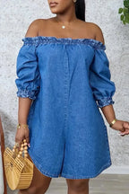 Women's Off Shoulder Ruffle Three Quarter Puff Sleeve Denim Romper