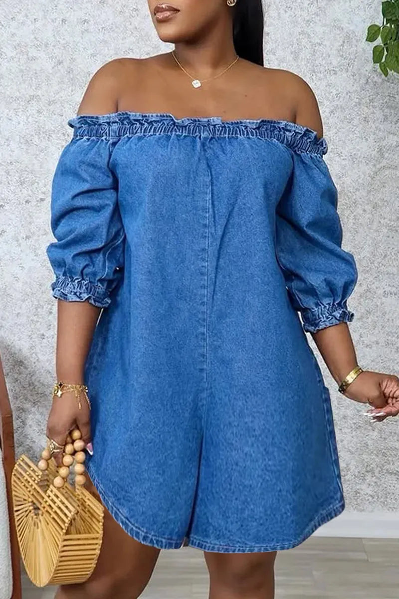 Women's Off Shoulder Ruffle Three Quarter Puff Sleeve Denim Romper
