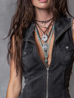 Vintage Zip-Front Distressed Hem Denim Vest