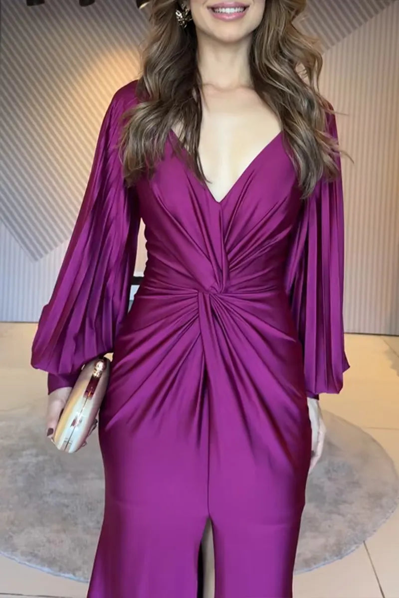 Women's Elegant Puff Sleeve Knot Trim Maxi Dress