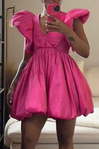 Women's Voluminous Puff Sleeve Pink Party Dress with Bubble Skirt
