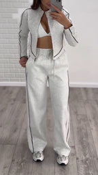 Womens Round Neck Vertical Zipper Coat + Pants Casual Suit