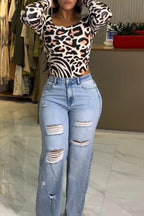 Women Casual Square Collar Printed Bodysuit or Ripped Washed Denim Jeans