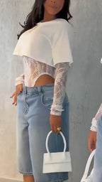 Women's Round Neck Solid Color Short T-shirt + Lace Jumpsuit Two-piece Set
