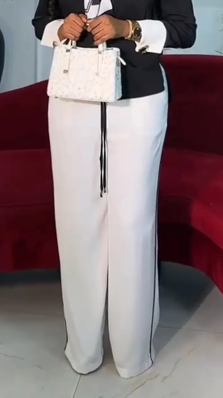 Women Collared Fake Two-piece Top + White Pants