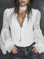 Vintage Henley Collar Sheer Sleeves Lace Trim Polyester Velvet Blouse