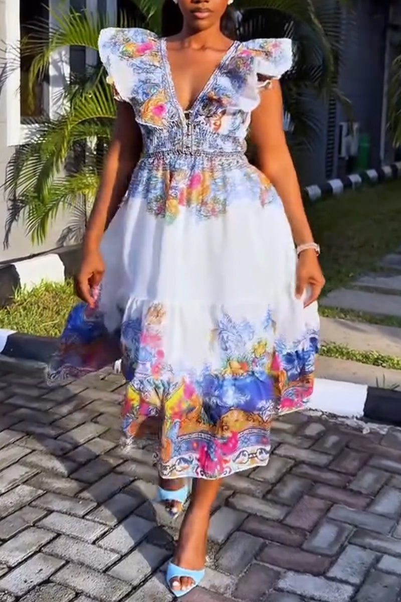 Women V-neck Printed Waist Cinched Flying Sleeve Elegant Casual Maxi Dresses
