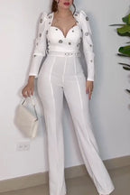 Women's Elegant Gigot Sleeve Rhinestone Trim Jumpsuit