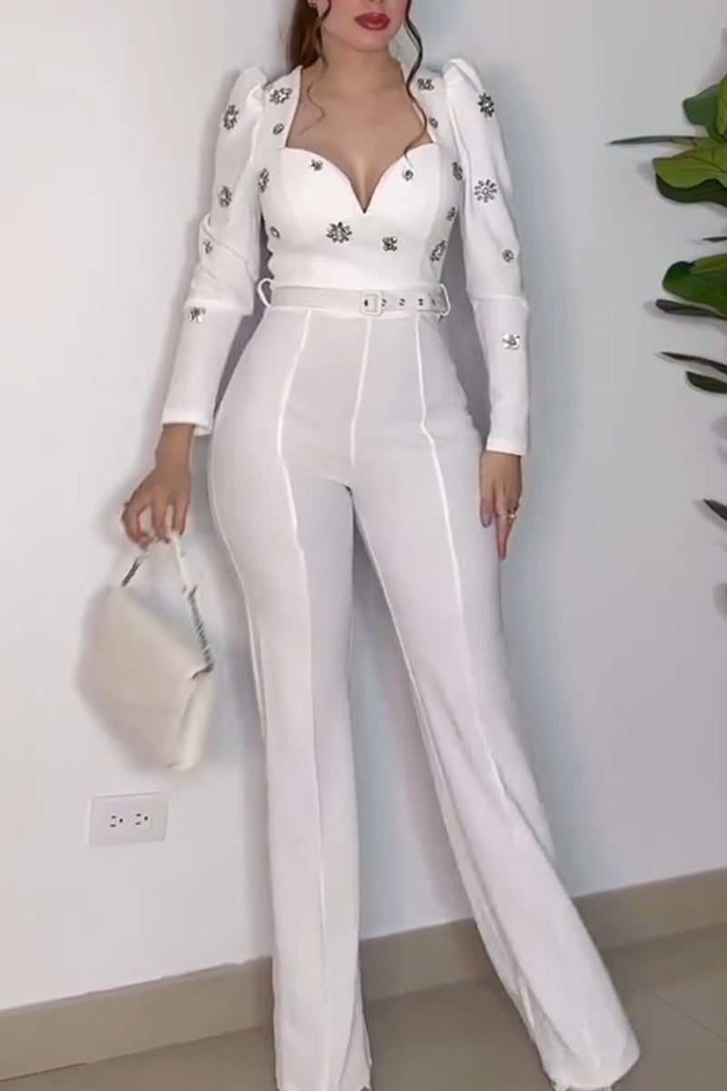 Women's Elegant Gigot Sleeve Rhinestone Trim Jumpsuit