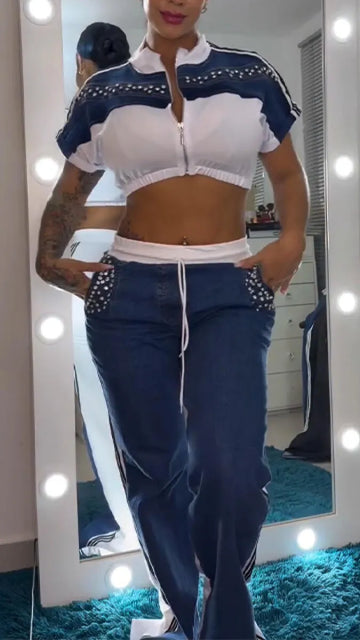 Women Round Neck Hot Pressed Diamond Spliced Top+ Pants Casual Set