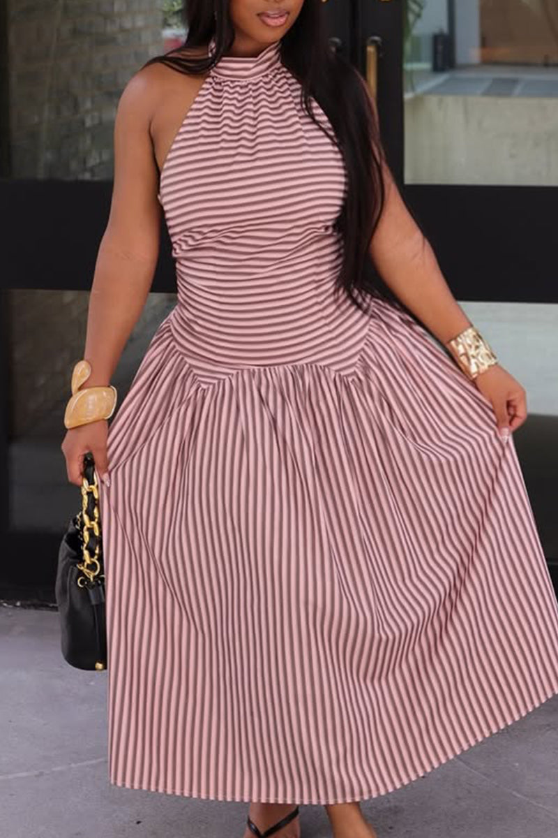 Women Neck Hanging Striped Patchwork Elegant Casual Maxi Dresses