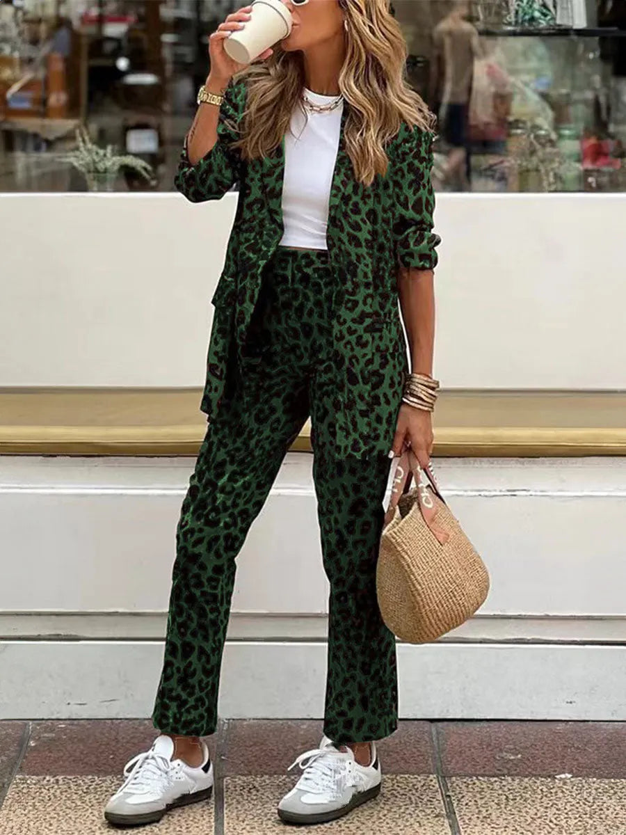 Womens Lapel Leopard Print Casual Set