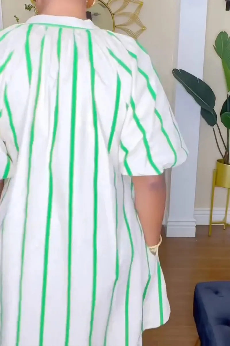 Women's Casual Puff Sleeve Stripe Loose Dress
