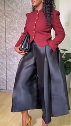 Women Round Neck Breasted Jacket + Satin Wide Leg Pants