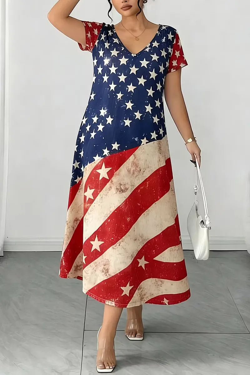 Women's Casual Vintage Distressed American Flag Print V Neck Short Sleeve Midi Dress
