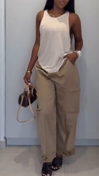Women Round Neck Solid Color Vest + Pants Casual Suit