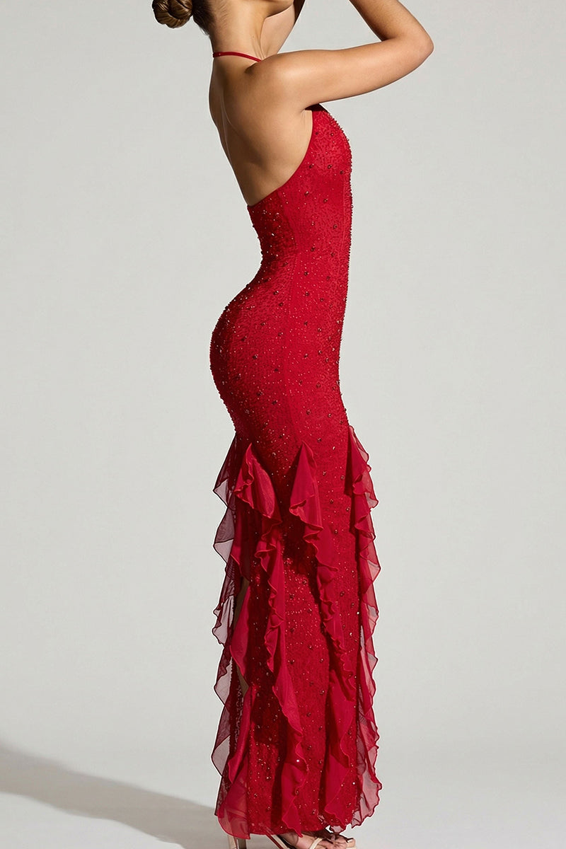 Women's Sleeveless Beaded Backless Slit Bodycon Long Party Dress