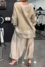 Women Round Neck Patchwork Top+ Lantern Pants Loose Casual Suit