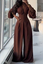 Women Deep V-neck Waist Cinched Solid Color Casual Jumpsuit with Temperament