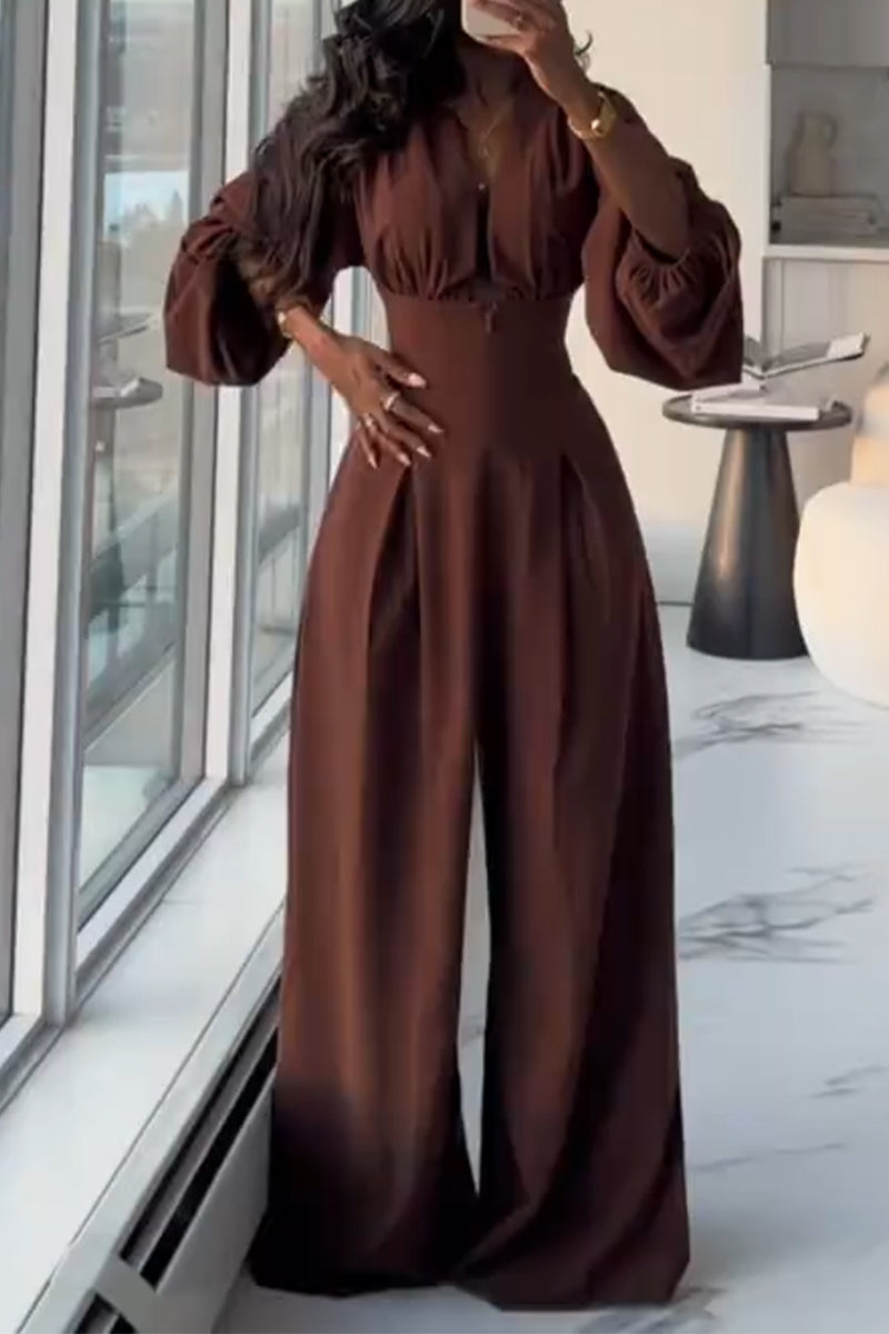 Women Deep V-neck Waist Cinched Solid Color Casual Jumpsuit with Temperament