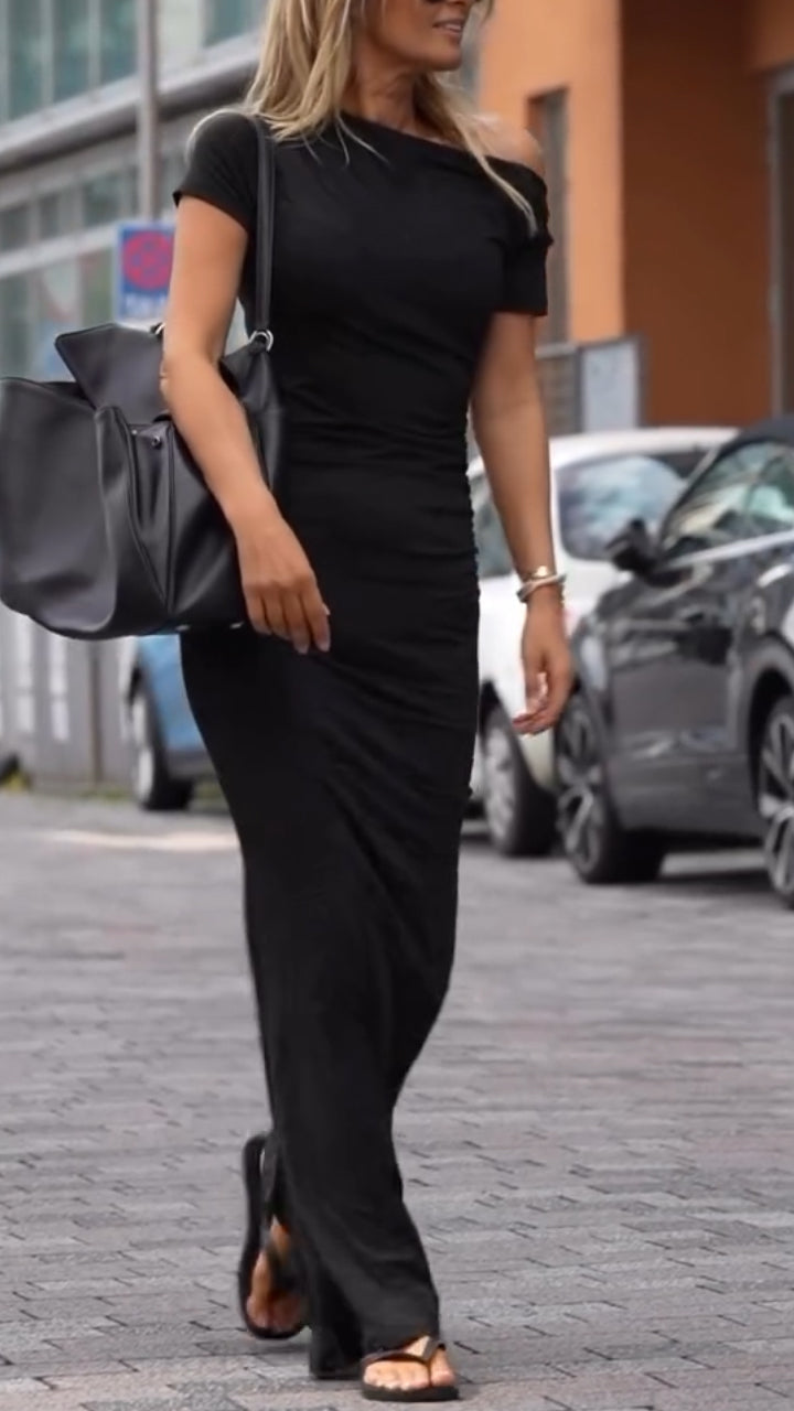 Womens Round Neck Slim Solid Color Temperament Casual Dress