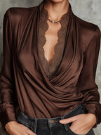 Vintage Draped Neckline Satin Long-sleeve Blouse With Lace Trim
