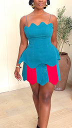 Women Camisole Irregular Top + Patchwork Contrasting Half Skirt Casual Set