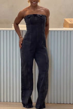 Women Strapless Patchwork Style Casual Denim Jumpsuit