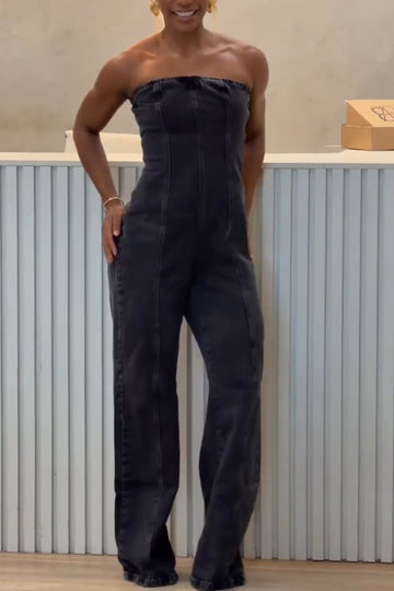 Women Strapless Patchwork Style Casual Denim Jumpsuit