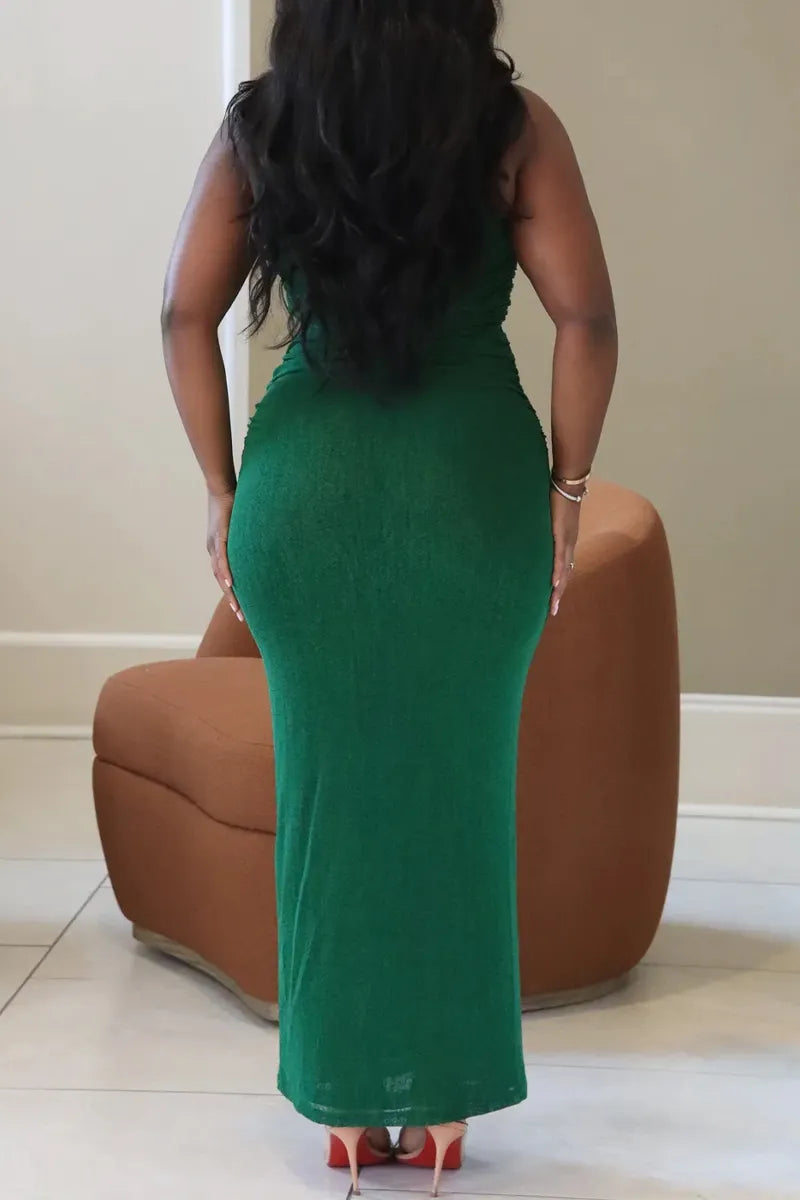 Women's Casual Shimmer Green Maxi Dress with Contrast Chain Cutout and Ruched Detail