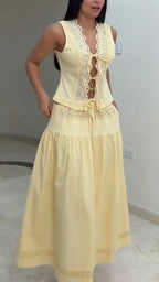 Women V-neck Lace-up Top + Skirt Elegant Casual Set
