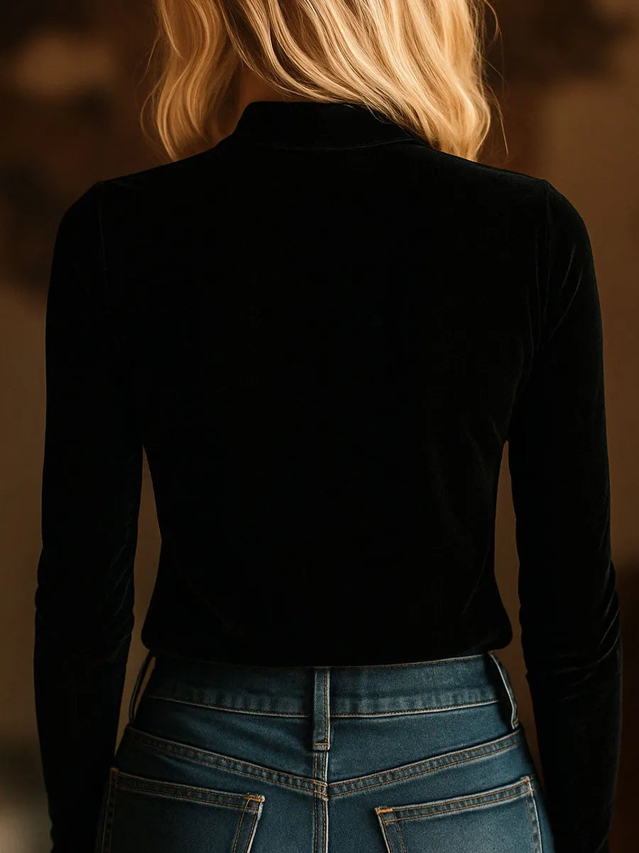 Elegant V-neck Embroidery Velvet Long Sleeves Top