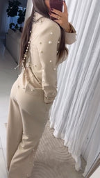Women Laple Collar Nail Bead Decorative Jacket+ Pants Temperament Commuting Set
