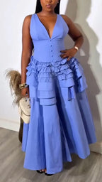 Women V-neck Waist Cinching Solid Color Elegant Temperament Dress