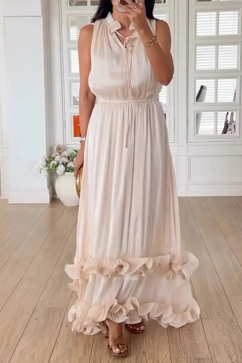 Women V-neck Sleeveless Patchwork Waist Cinching Elegant Temperament Dress