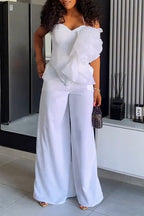 Women's Neck Hanging Patchwork Flower Irregular Top+ Wide Leg Pants Temperament Casual Suit