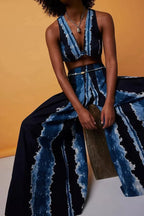 Women's Tie Dye Striped Sleeveless V Neck Knot Front Crop Bra Top Or High Waist Wide Leg Palazzo Pants