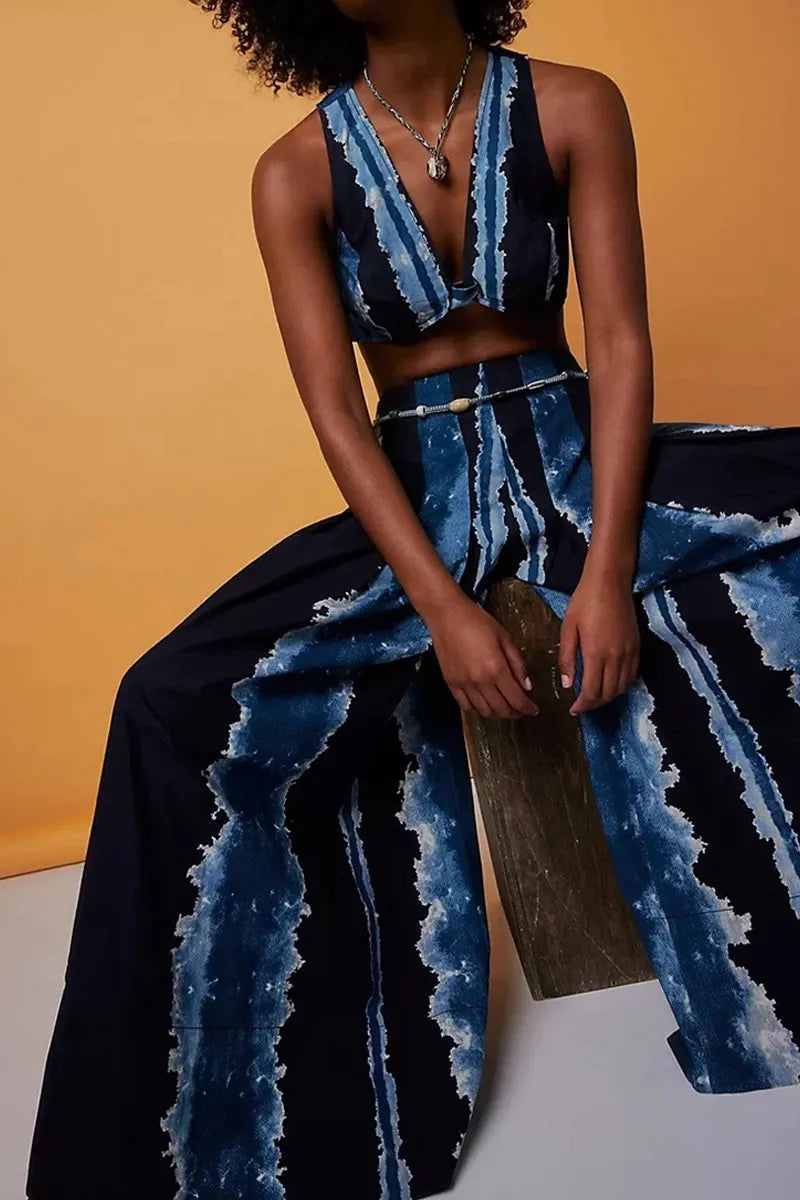Women's Tie Dye Striped Sleeveless V Neck Knot Front Crop Bra Top Or High Waist Wide Leg Palazzo Pants