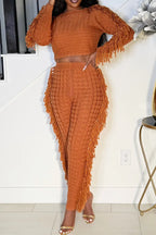 Women's Knit Two-Piece Outfit with Fringe Trim on Sleeves or Pants