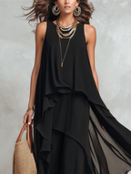 Bohemian Black Layered Chiffon Maxi Dress