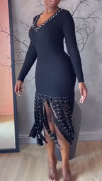 Women V-neck Patchwork Diamond Studded Tassel Elegant Temperament Knitted Dress