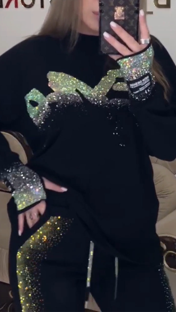 Womens Round Neck Rhinestone Casual Suit