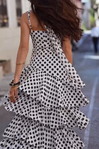Women's Fashion Tiered Slit Hem Polka Dot Dress with Tie