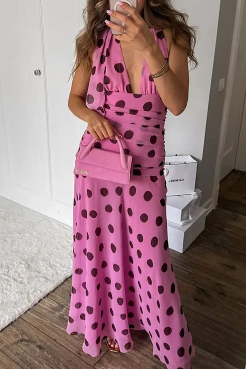 Women's Printed V Neck Tie Waist Long Vacation Dress