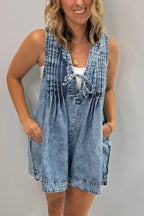 Women's V-neck Patchwork Pleated Washed Water Casual Short Jumpsuit