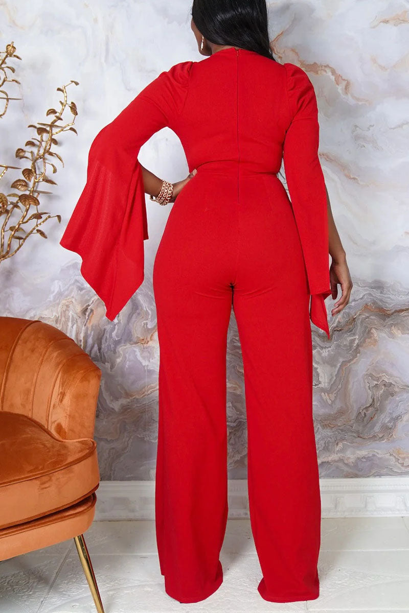 Women's Elegant Red High Waist Wide Leg Jumpsuit With Waist Tie