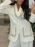 Women V-neck Rhinestone Jacket +pants Temperament Commuting Suit